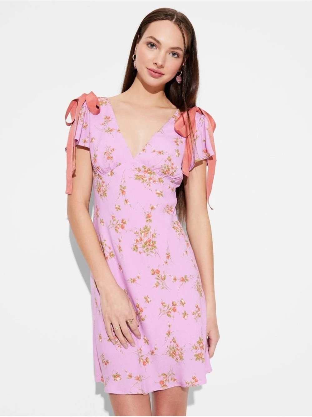 wild fable Pink Floral V-Neck Tie-Shoulder Midi Dress with Coral Ties b141s
